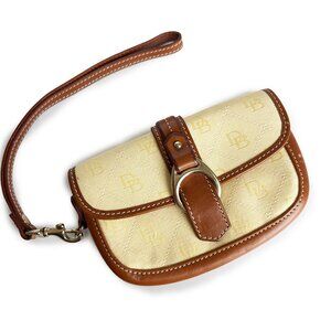 Dooney & Bourke Wristlet Cream Jacquard DB Print Brown Leather Trim Vintage